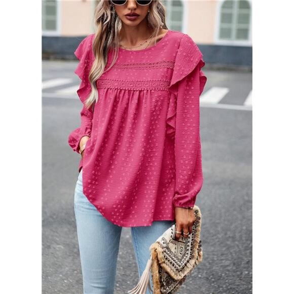 Women's Long Sleeve Blouses Rose Red - Picture 6 of 6